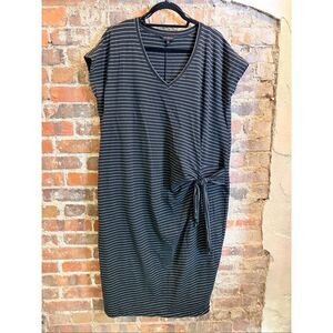Lucky Brand Black and White Striped Tie-Waist V-Neck Midi Dress